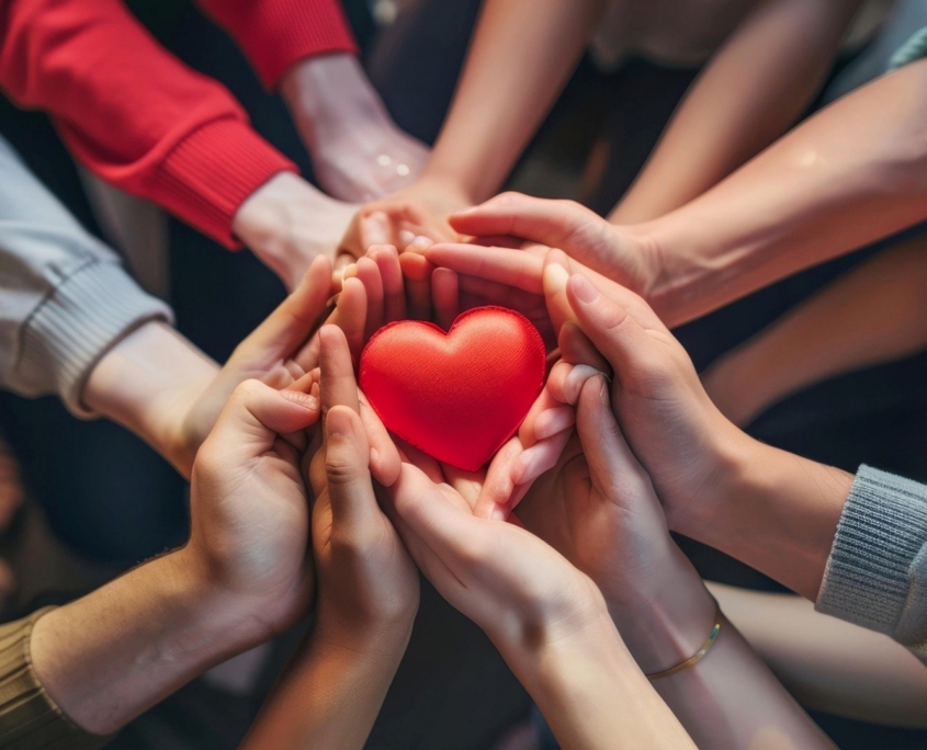 Many hands cupped around red heart