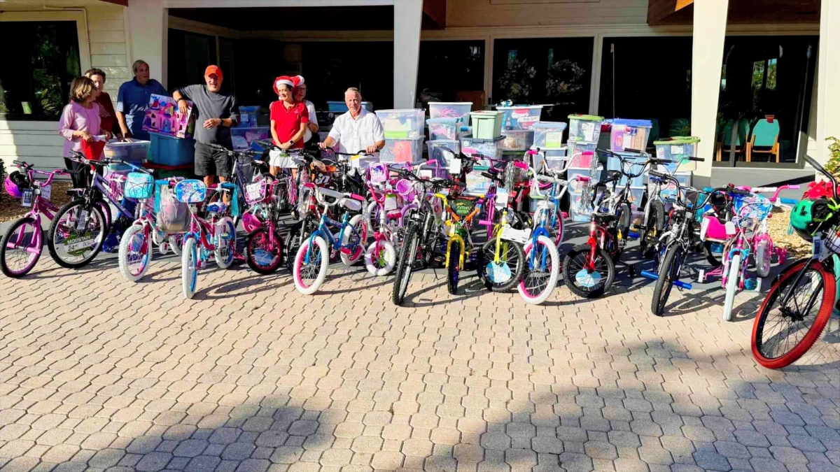 Toys and bicycles lined up outside Chapel for Christmas gifts
