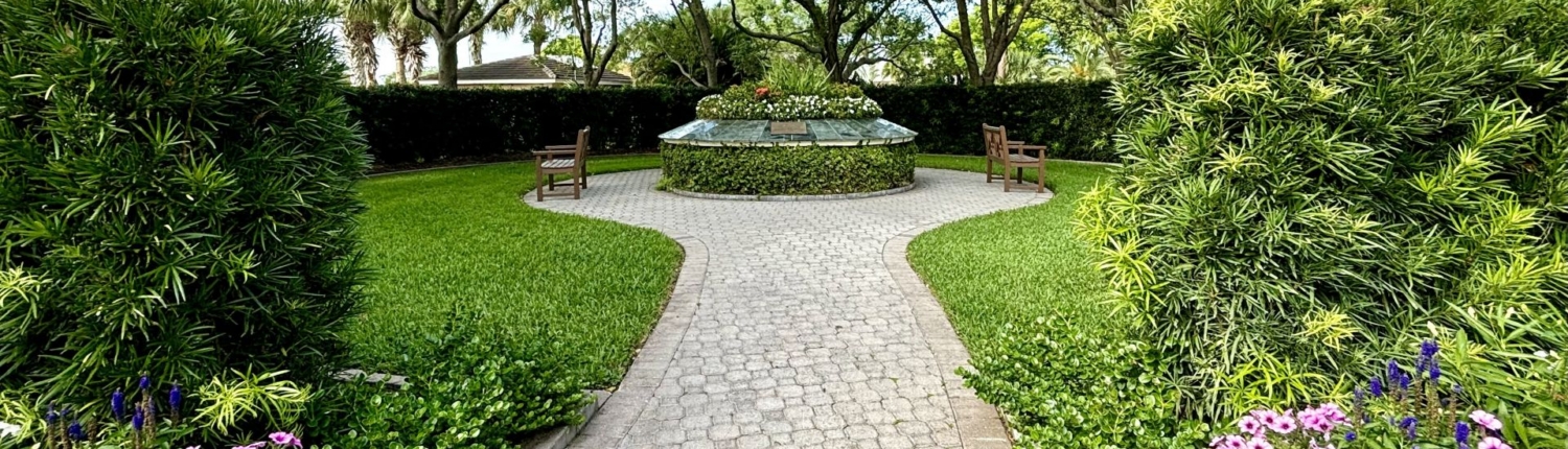 Wide shot view of the memorial garden with brick pathway leading to circular plaque wall