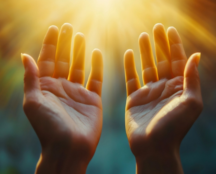 Uplifted hands toward bright light in sky