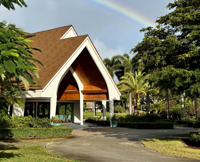Front Chapel view from the south with rainbow in sky