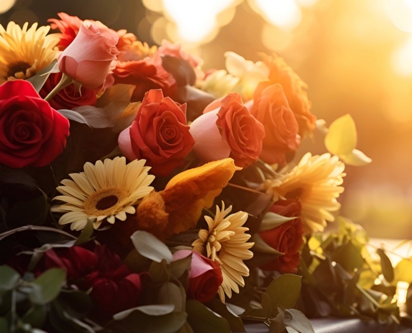 Bouquet of roses and daisies on slab