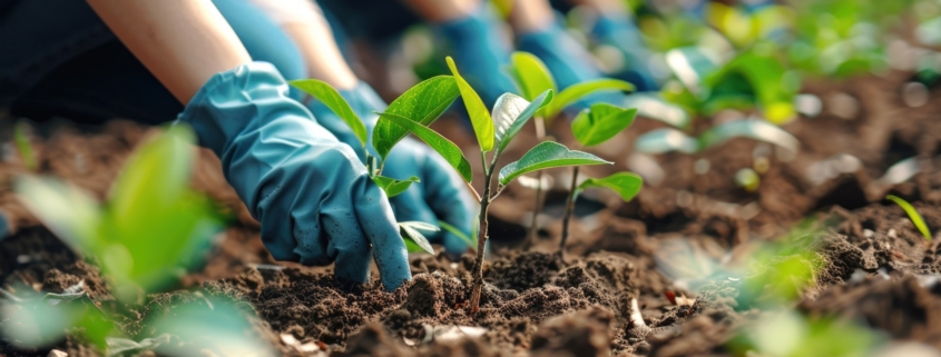 row of people with garden gloves on planting