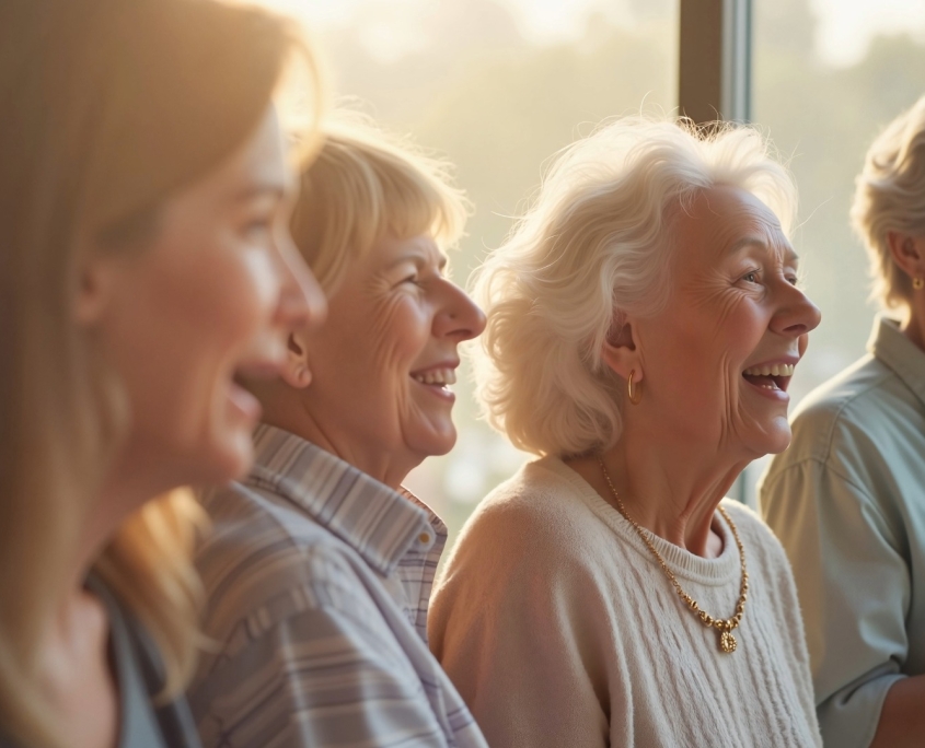 Four older women standing in front of window with sun shining in