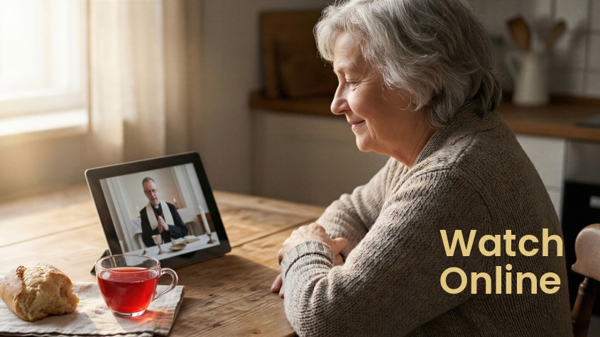 Older woman watching worship service online