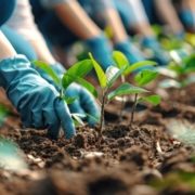 row of people with garden gloves on planting