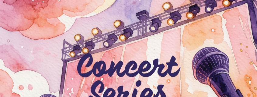Graphic of microphones and stage lighting